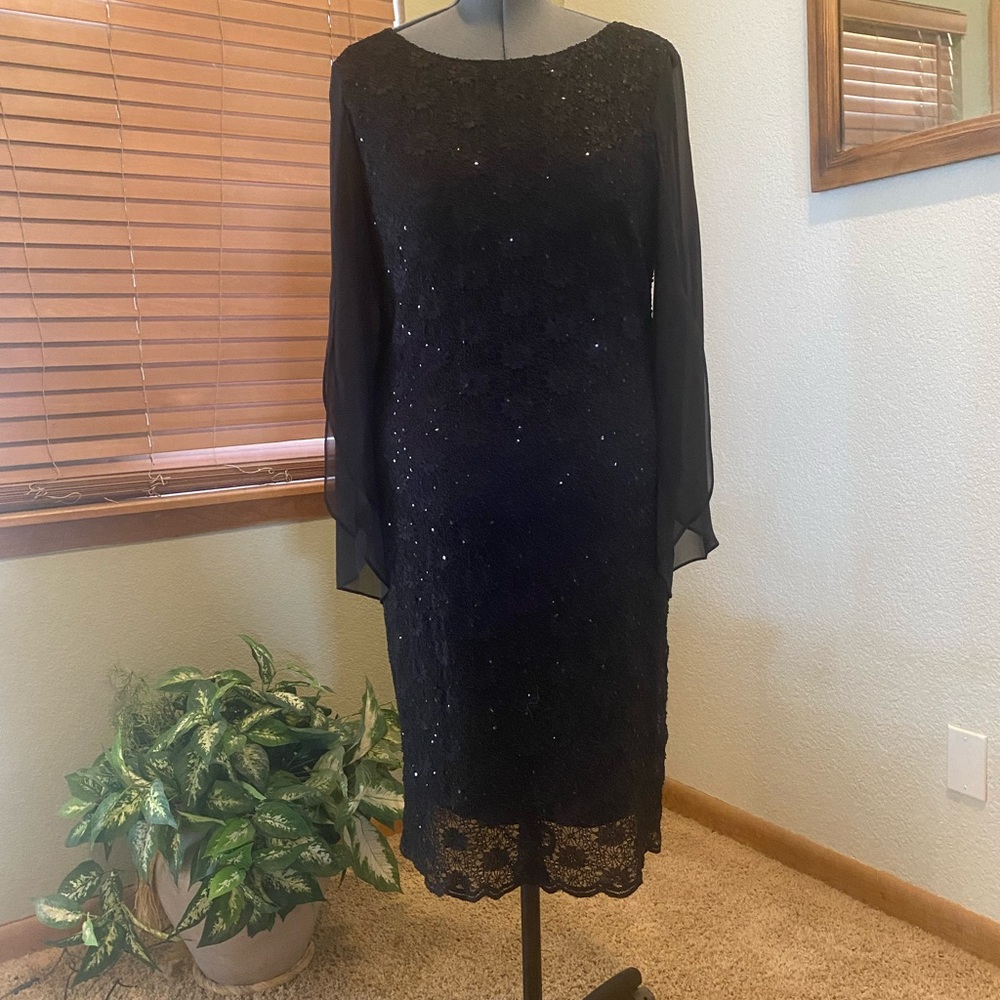Connected Apparel Black Sheath Dress with Bishop Sleeves